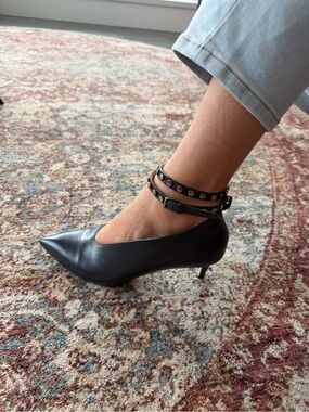 Jimmy Choo Navy Pointed Leather Ankle-Strap Pumps